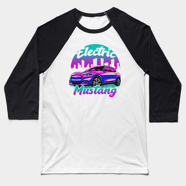 Pink Retro Electric Mustang Cityscape Baseball T-Shirt by zealology